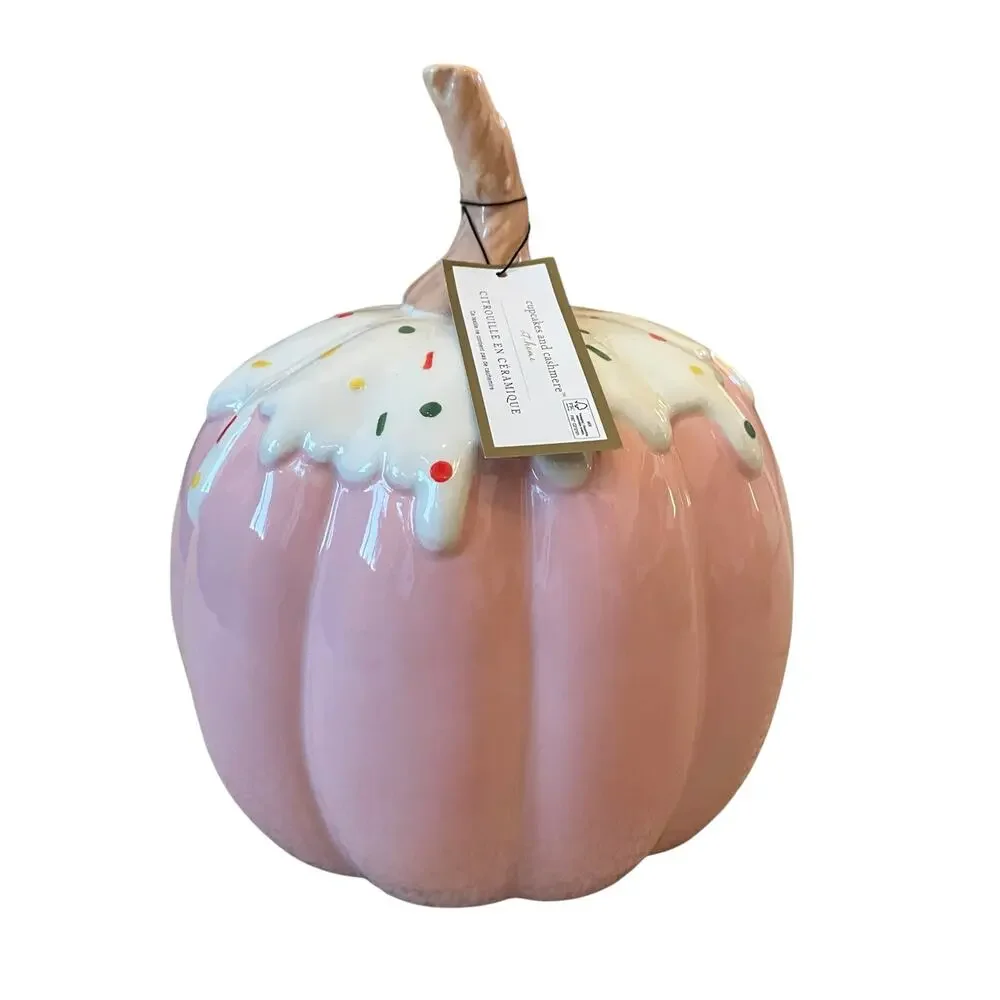 Frosted Sprinkle PINK Cupcake Ceramic Halloween Pumpkin 9.5